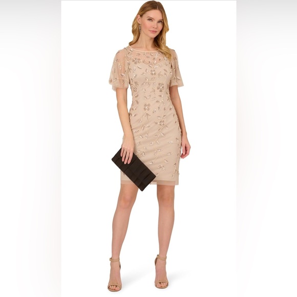 Adrianna Papell Dresses & Skirts - Adrianna Papell Beaded Floral Cocktail Dress,Latte,Size 10,NWT